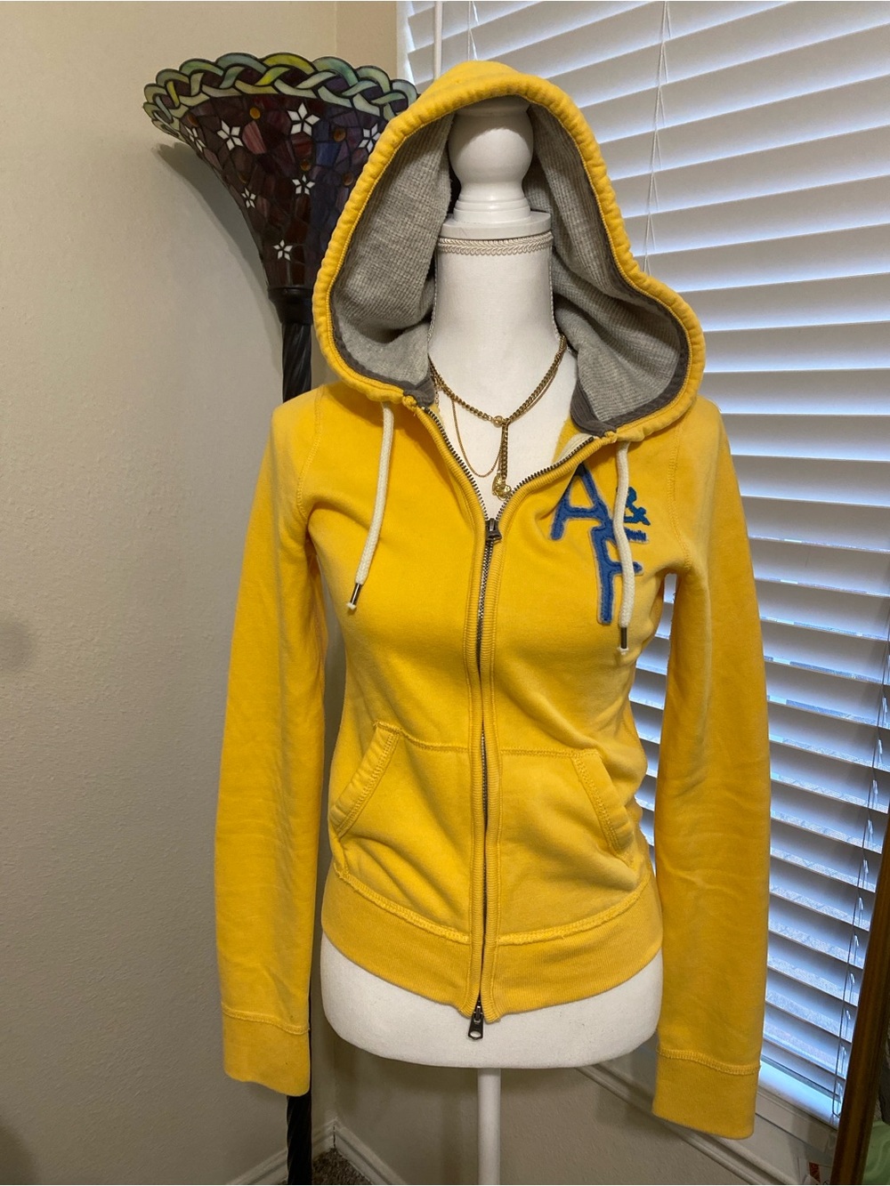 Abercrombie & Fitch Yellow Zip-Up Varsity Hoodie with Blue Logo